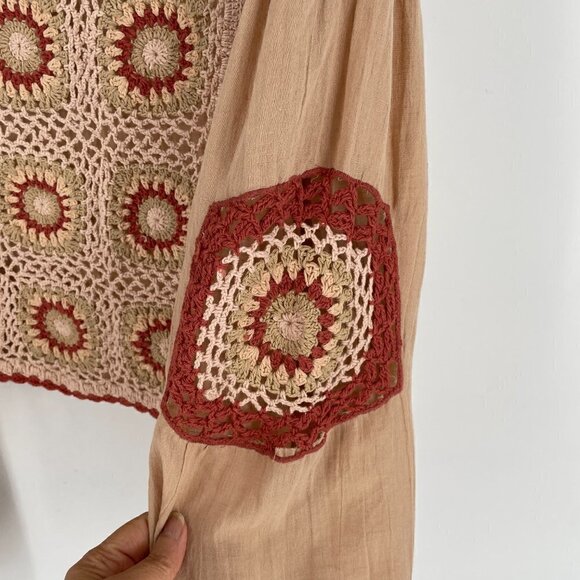 Zara Granny Square Crochet Medallion Front Full Sleeve Cropped Blouse Beige M - Picture 9 of 11